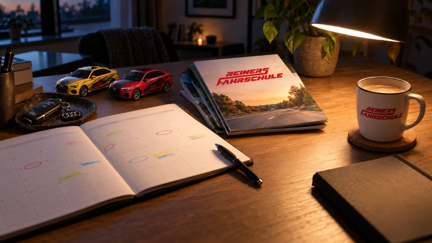 Schreibtisch am Abend mit aufgeschlagenem Kalender, Autoschlüssel, Broschüren und zwei Modellautos in Rot und Gelb