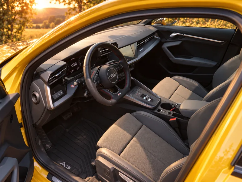 Cockpit des gelben Audi A3 mit kurzem Wählhebel der Automatik