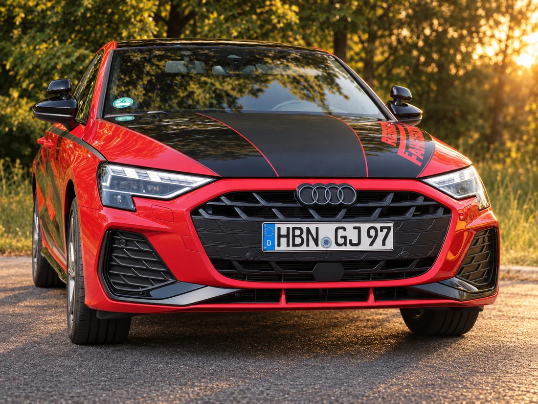 Der rote Audi A3 mit Schaltgetriebe von vorn