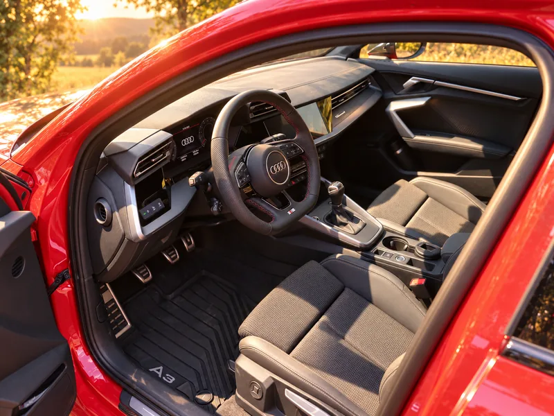 Cockpit des roten Audi A3 mit Schalthebel und drei Pedalen