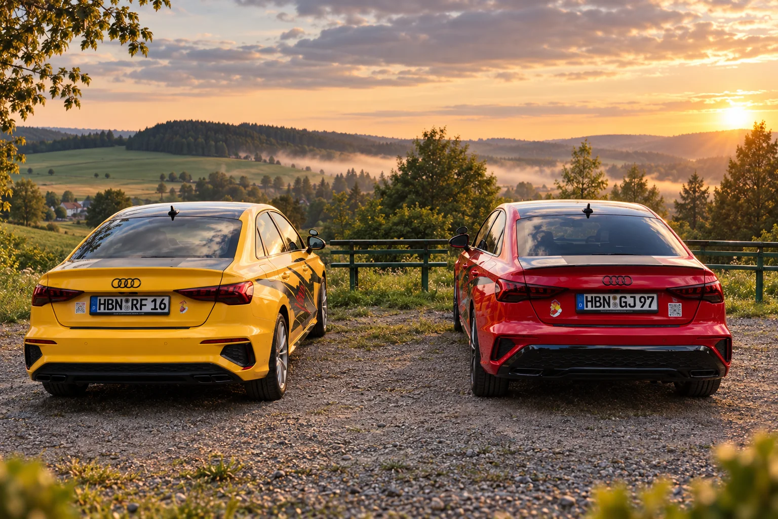 Der gelbe und der rote Audi A3 von hinten an einem Aussichtspunkt, Blick über die Hügel des Thüringer Waldes im Abendlicht