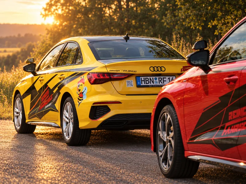 Das Heck des gelben und die Front des roten Audi A3 nebeneinander