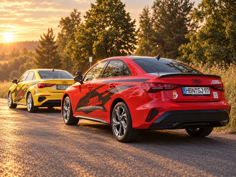 Der rote Audi A3 vorn, dahinter der gelbe, in der Abendsonne