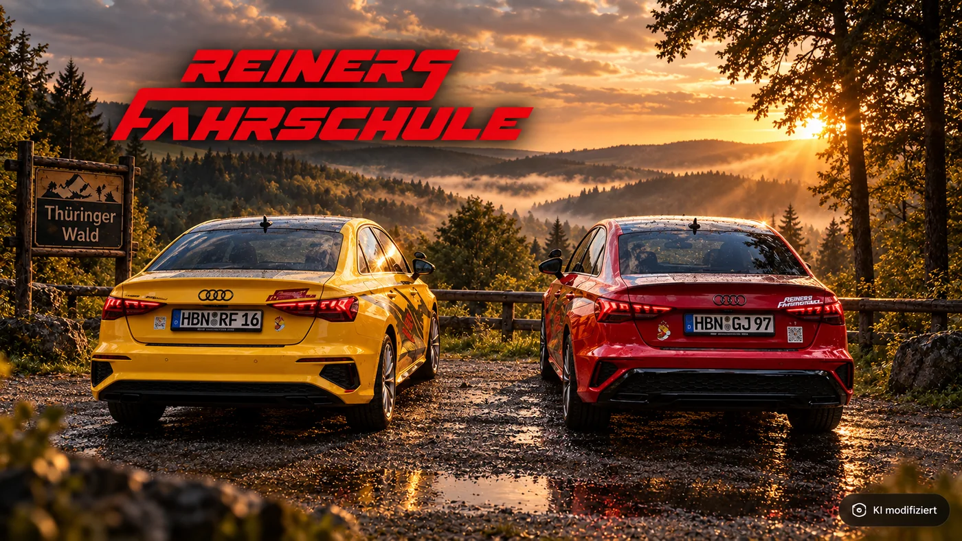 Der gelbe und der rote Audi A3 der Fahrschule nebeneinander an einem Aussichtspunkt im Thüringer Wald