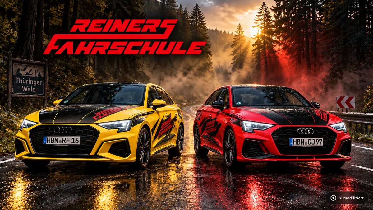 Der gelbe und der rote Audi A3 der Fahrschule auf einer Waldstraße im Thüringer Wald