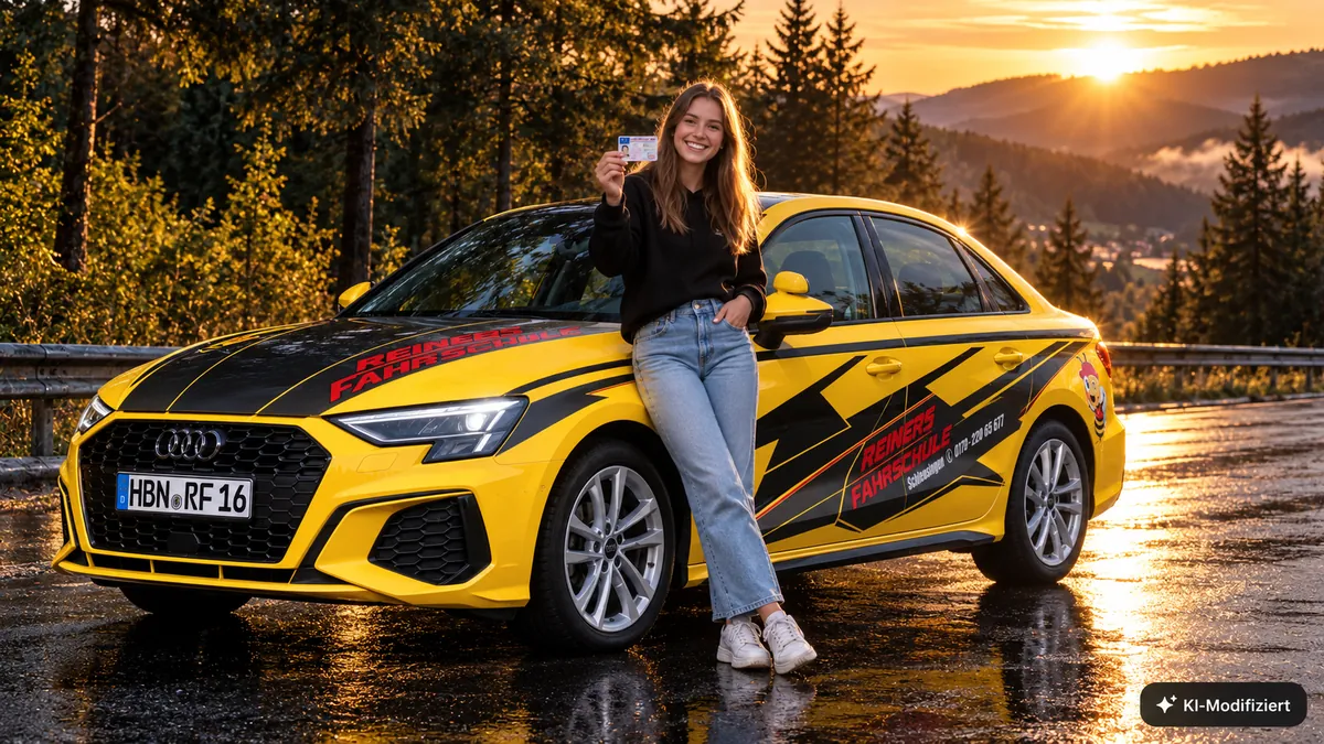 Eine junge Fahrschülerin hält lachend ihren frisch bestandenen Führerschein neben dem gelben Audi A3 der Fahrschule in die Kamera