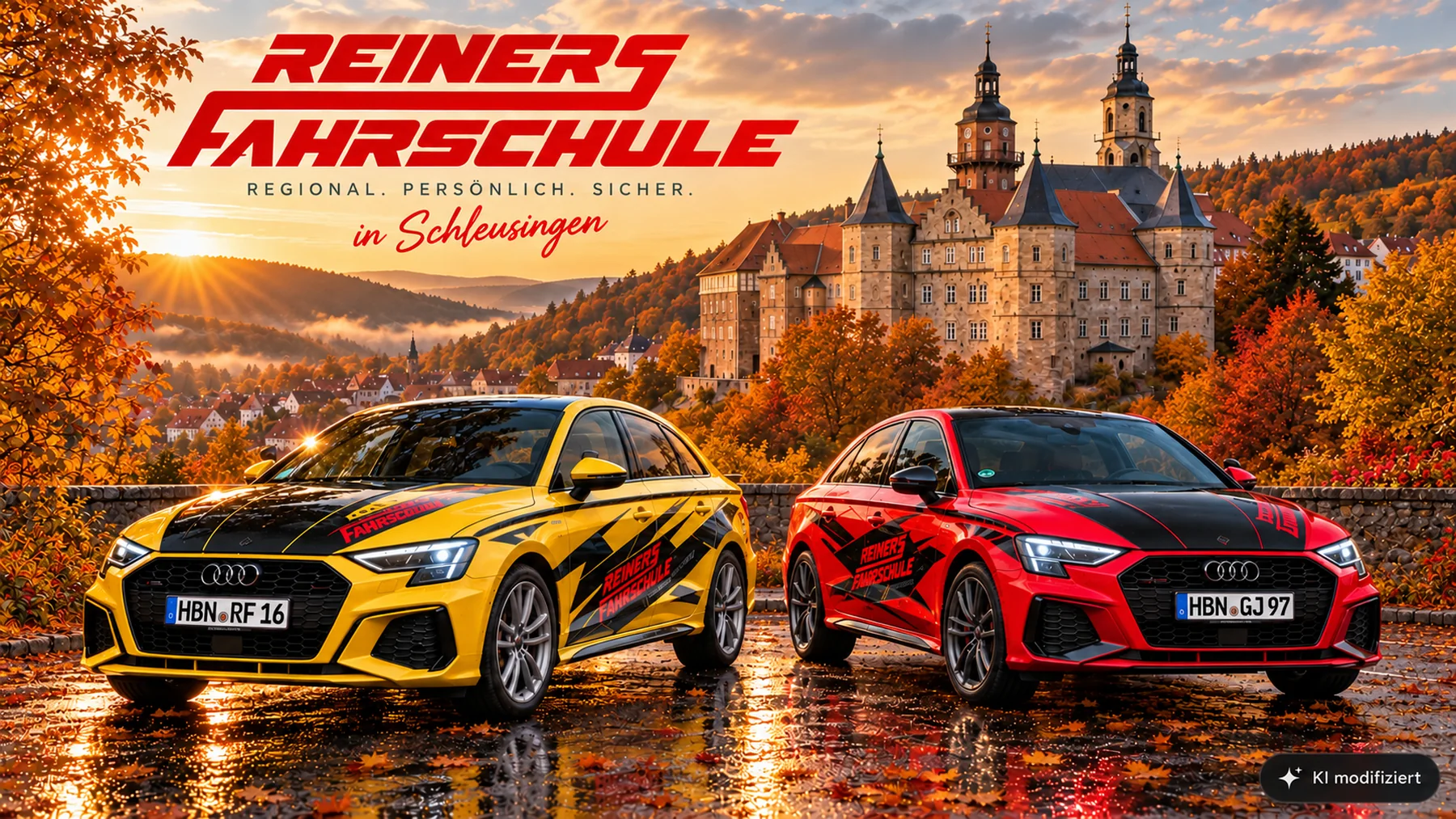 Der gelbe und der rote Audi A3 von Reiners Fahrschule vor Schloss Bertholdsburg in Schleusingen