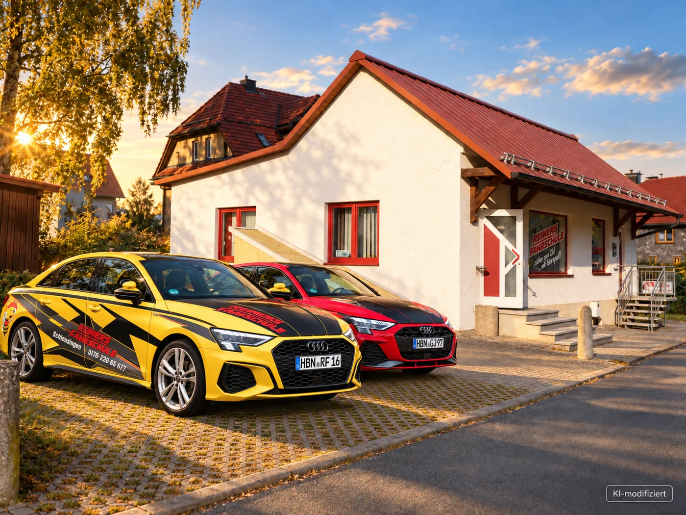 Der gelbe und der rote Audi A3 vor der Fahrschule in der Goethestraße, im Fenster der Schriftzug Reiners Fahrschule