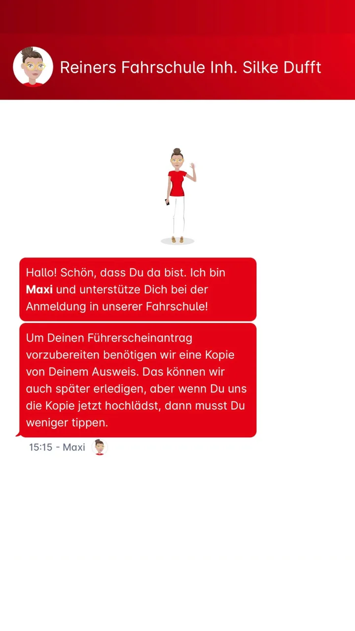 So sieht Maxi aus: die digitale Assistentin von Reiners Fahrschule begrüßt dich im Chat