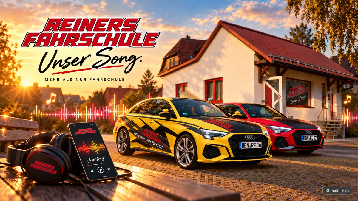 Unser Song: Kopfhörer und Handy mit Abspieler auf einer Bank, dahinter der gelbe und der rote Audi A3 vor der Fahrschule