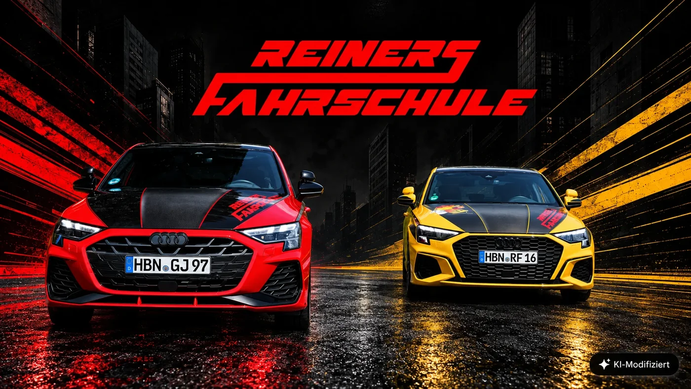 Der rote und der gelbe Audi A3 der Fahrschule von vorn auf nasser Straße, darüber der Schriftzug Reiners Fahrschule
